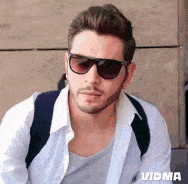 a man wearing sunglasses and a white shirt with the word vidma on the bottom right