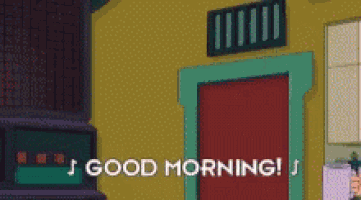 a cartoon character says good morning in front of a door