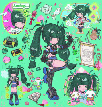 a drawing of a girl with green hair and a loading sign