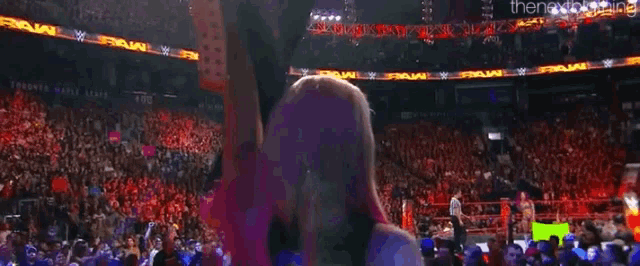 a woman is standing in front of a crowd at a wrestling match .