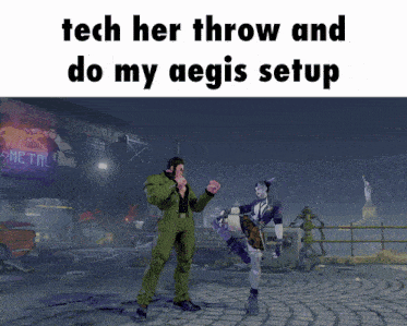 a video game scene with the words tech her throw and do my aegis setup at the top