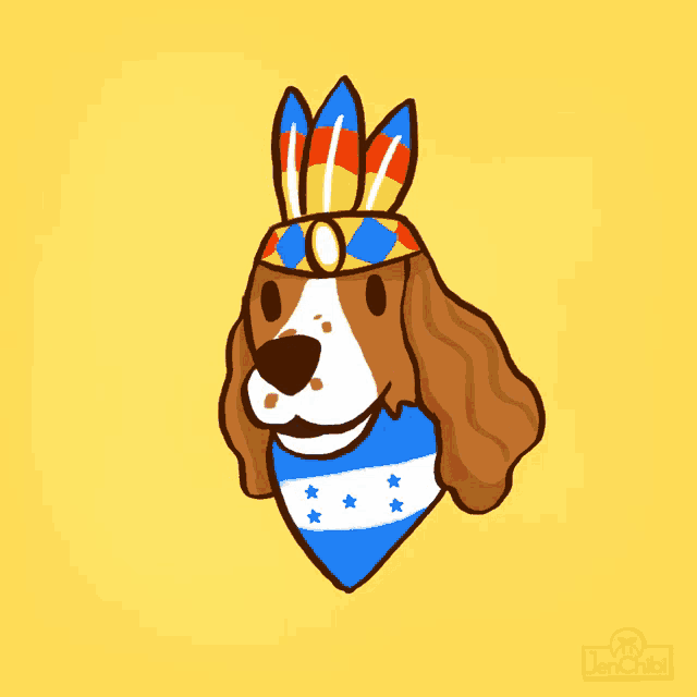a drawing of a dog wearing a headdress and a bandana with stars