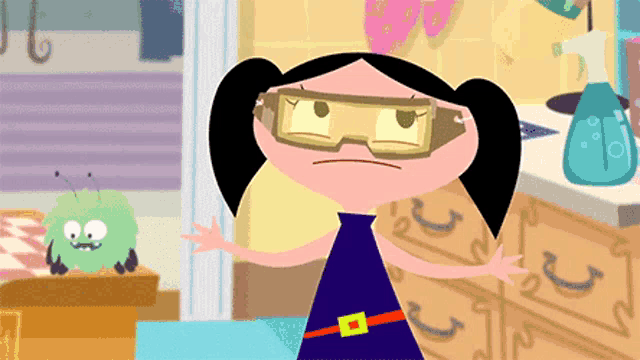 a cartoon girl wearing goggles stands in front of a green monster