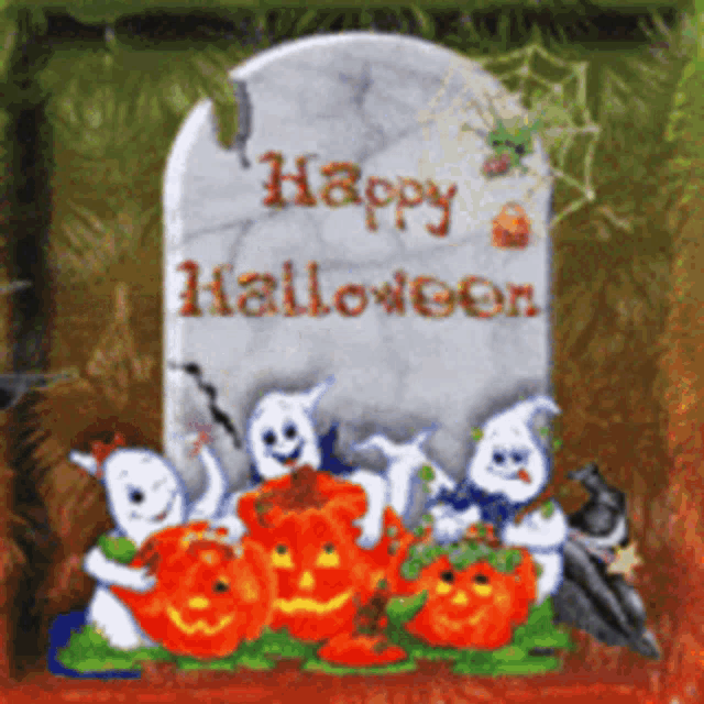 a happy halloween greeting card with ghosts pumpkins and a gravestone