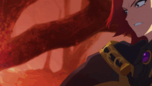 a cartoon character with red hair and a purple jewel around her neck
