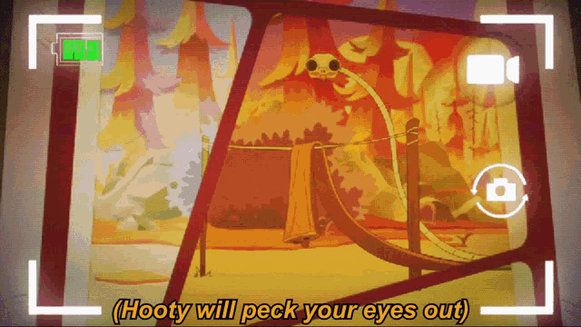 a cartoon scene with the words hooty will peck your eyes out on the bottom
