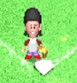 a cartoon character is standing on a baseball field next to a base .