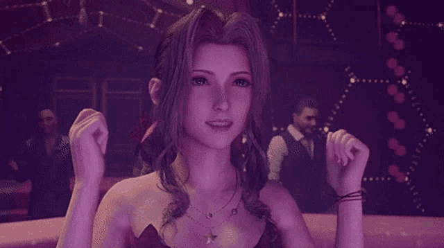 a woman in a red dress with a star necklace is dancing