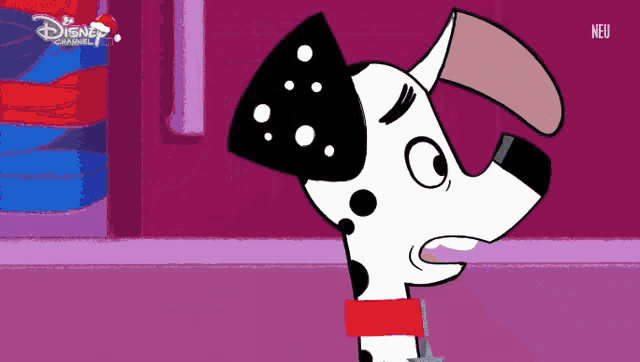 a dalmatian dog with a red collar and a disney channel logo on the bottom