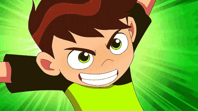 a cartoon character with green eyes and brown hair is smiling with his arms outstretched