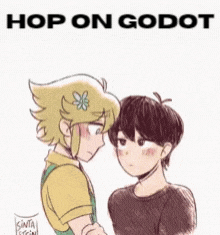 a drawing of a boy and a girl with the words hop on godot above them