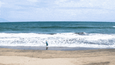 a person standing on a beach with a surfboard in the ocean
