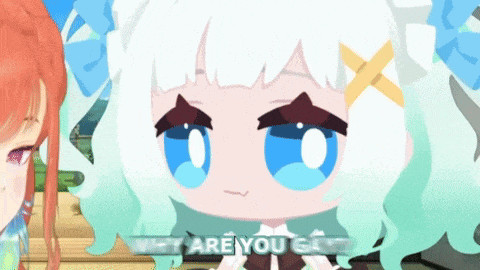 a cartoon girl with white hair and blue eyes says why are you guys