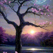 a painting of a tree with pink flowers in front of a body of water
