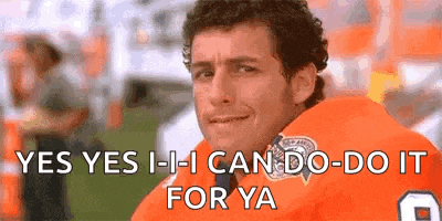 a man in an orange jersey is smiling and says `` yes yes i - i can do - do it for ya '' .