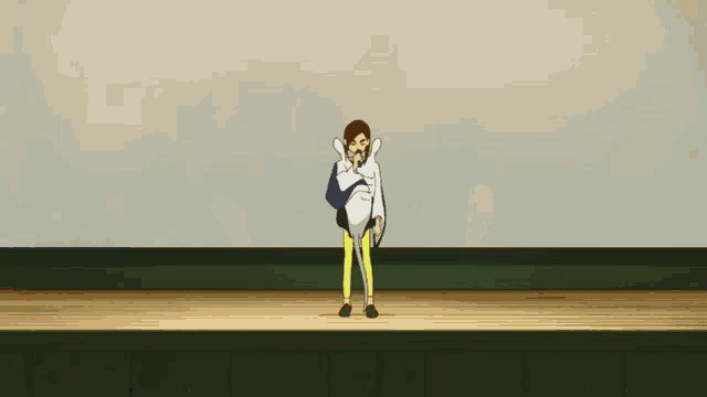 a cartoon of a man carrying another man on his back on a stage