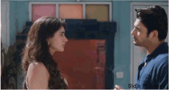 a man and a woman are looking at each other with sid 's princess written on the bottom right