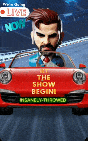 a man in a red sports car with the words let the show begin insanely thrown