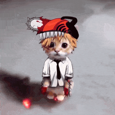 a cat is wearing a chainsaw hat and tie