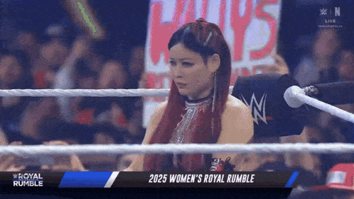 a woman in a wrestling ring with the words 2025 women 's royal rumble in the corner