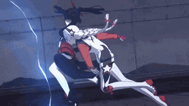 a couple of anime characters are fighting each other with lightning coming from the ground .