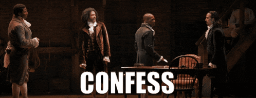 a group of men are standing in front of a table with the word confess written on it