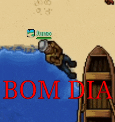 a video game character jumping over a boat with the words bom dia written in red