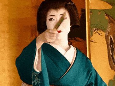 a painting of a woman in a blue kimono holding a fan