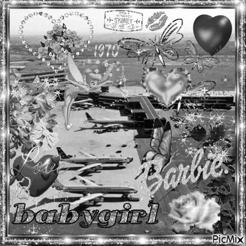 a black and white collage with the words babygirl barbie and hearts
