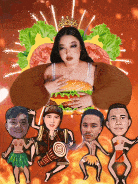 a woman with a crown on her head holds a hamburger in her hands