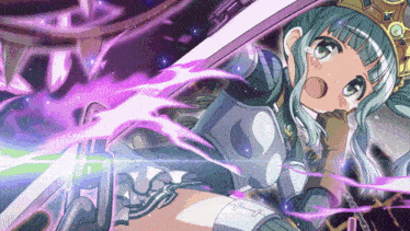 a girl with green hair and a crown on her head holds a sword