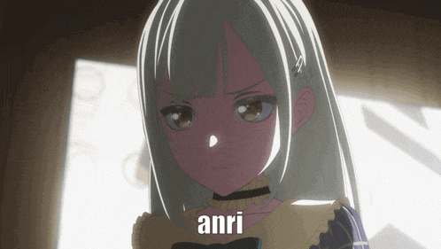 a girl with white hair and the word anri written on her face