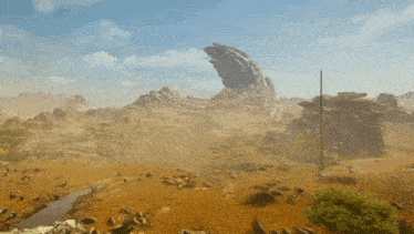 a computer generated image of a desert landscape with a large rock in the distance