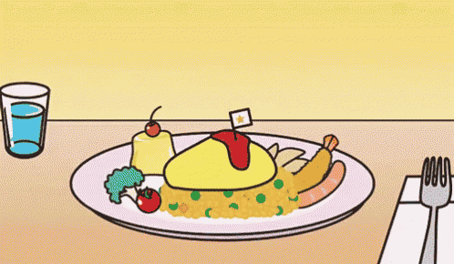 a cartoon of a yellow egg laying on a bed next to a pudding and a flag with a star on it