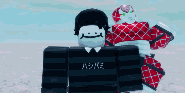 a roblox character with a black shirt that says ' hashibami '