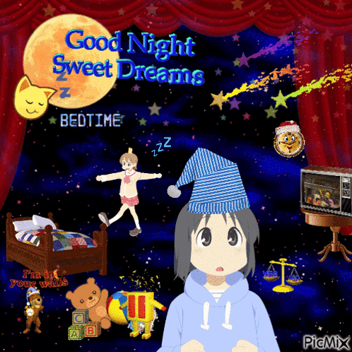 a good night sweet dreams poster with a girl in a hoodie