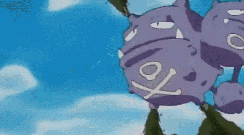 a purple pokemon is flying through the air in a cartoon .