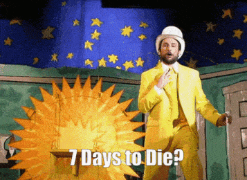 a man in a yellow suit is standing in front of a sun with the words 7 days to die written below him