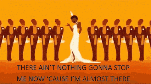 a cartoon of a woman in a white dress standing in front of a row of men in suits .