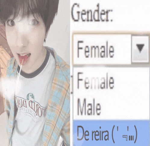 a picture of a person next to a screen that says gender female male de reira