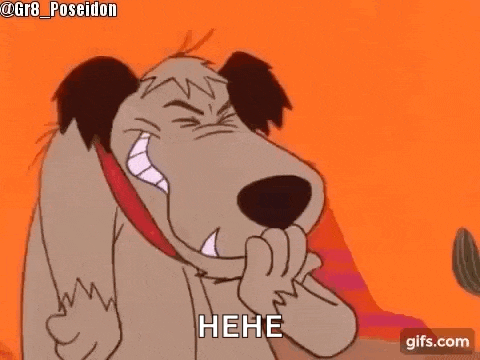 a cartoon dog with a red collar is laughing and covering his mouth with his hand .