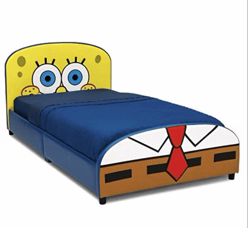 a bed with spongebob on the headboard and a blue blanket