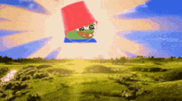 a frog wearing a red hat is flying over a green field