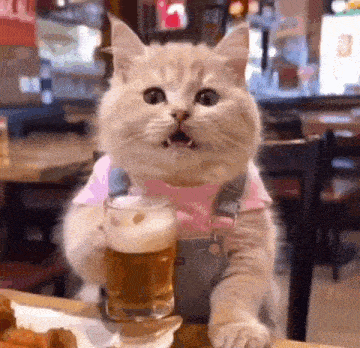 a cat is sitting at a table with a glass of beer in its paw .