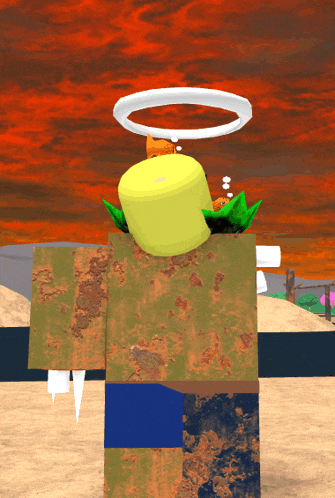 a cartoon character with a halo on his head is standing in the desert