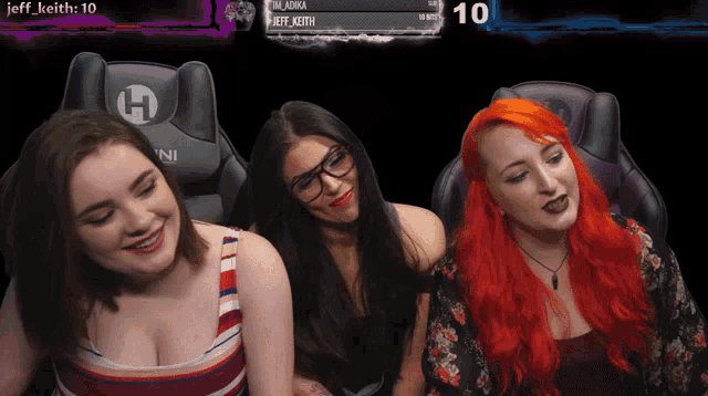 three women are sitting in front of a screen that says jeff_keith on it