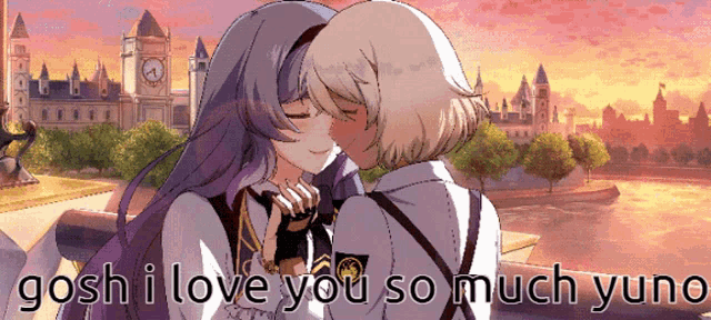 a cartoon of two girls kissing with the words gosh i love you so much yuno