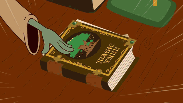 a cartoon illustration of a hand holding a book titled magic tree