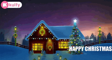 a house with a christmas tree in front of it and the words happy christmas on the bottom