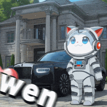 a cat in a space suit stands in front of a rolls royce car